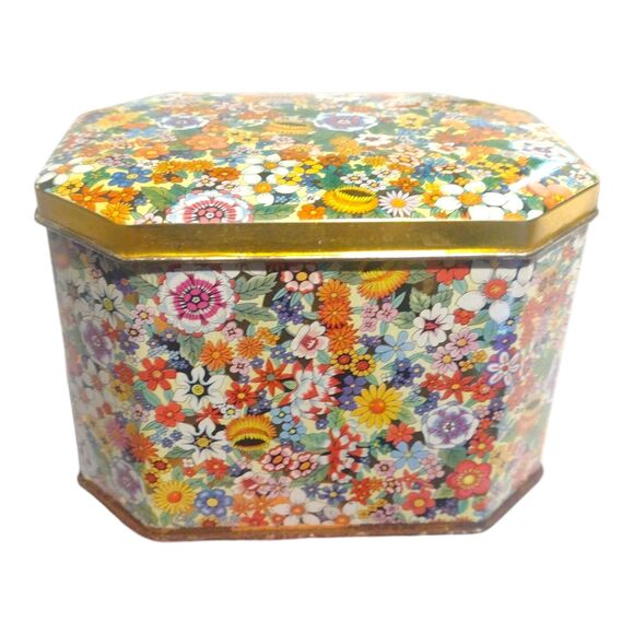 Wildflowers Daher Tin England Hinged Box Biscuit Container Gold Trinket Holder - Picture 1 of 13
